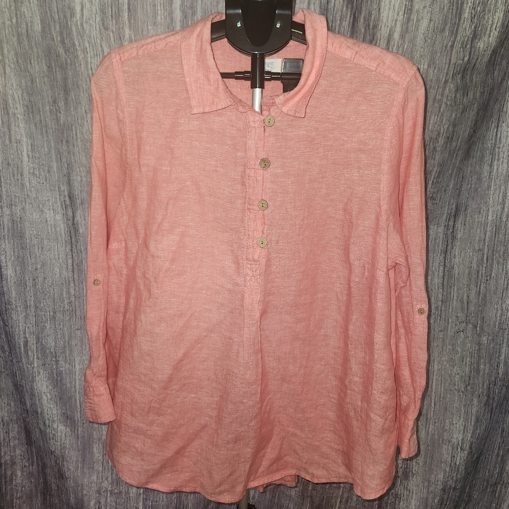 SIGRID OLSEN‎ 100% Linen Tunic Top with Adjustable Sleeves Chambray Red Size 1X